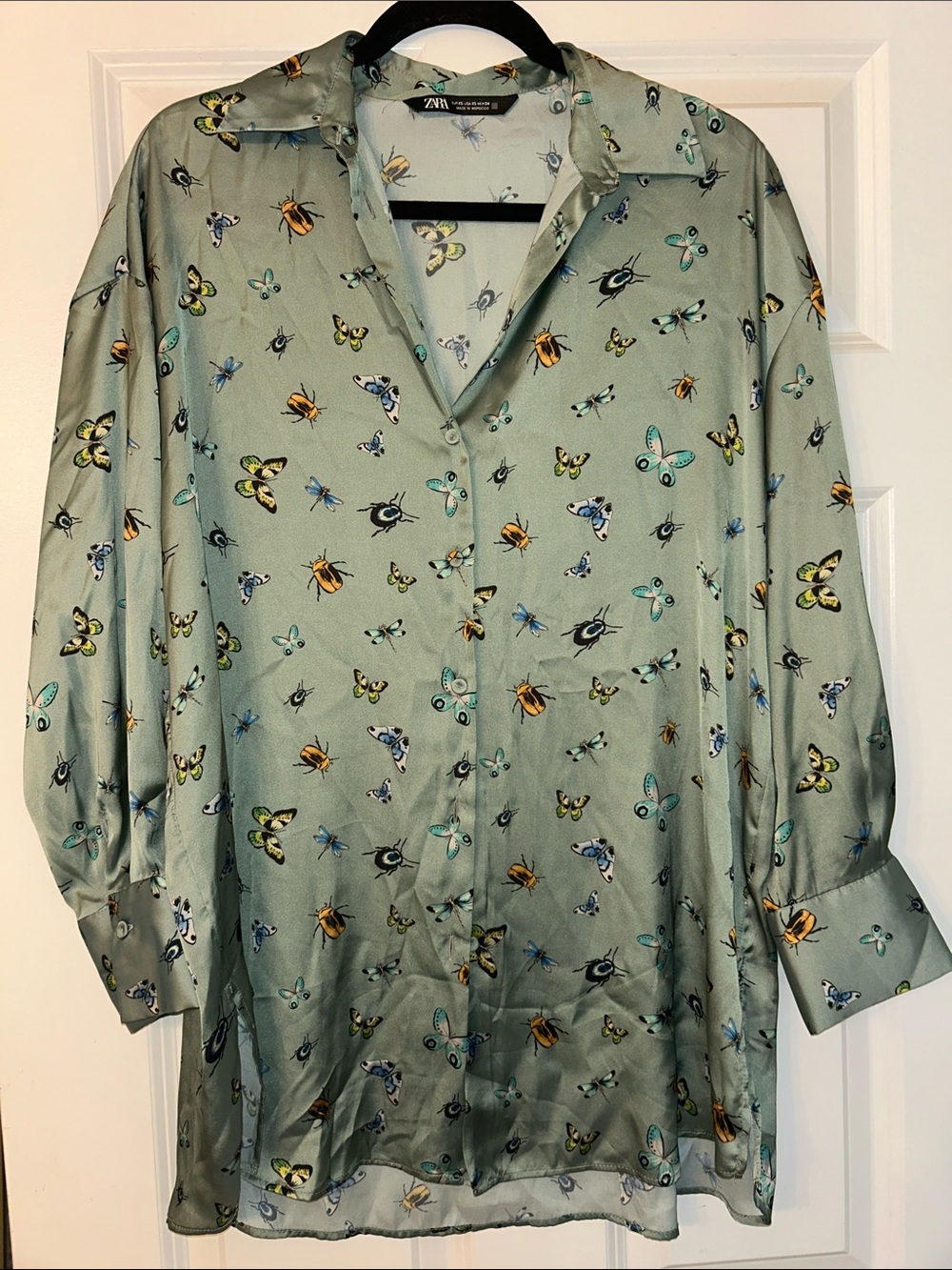 Zara Sage Green Butterfly & Insect Print Button-Down Shirt